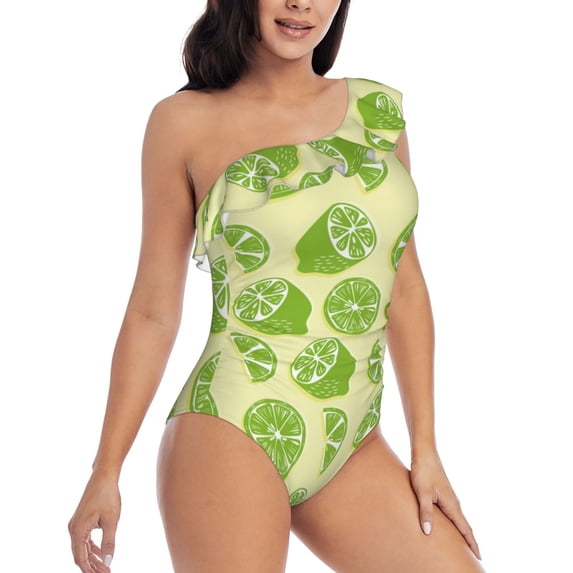 Daiia Various Lemons Women's One Piece Swimsuits Personalized One Shoulder Swimwear Asymmetric Ruffle Bathing Suits-X-Large