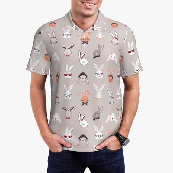 Daiia Various Rabbits Pattern Men’s Polo Shirts,Solid Deck Shirt,Classic Fit, Breathable Cotton Polo for Casual and Sport Wear-X-Large