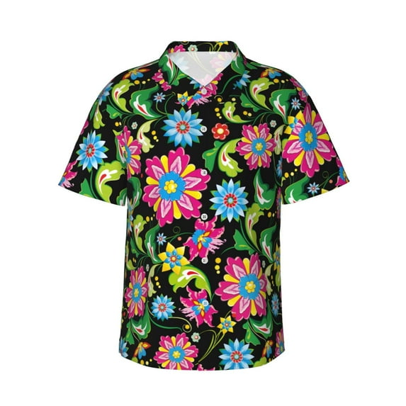 Daiia Vector Mexican Otomi Style Bright Hawaiian Shirt for Men Gentle Cotton Regular Short Sleeve Casual-X-Large