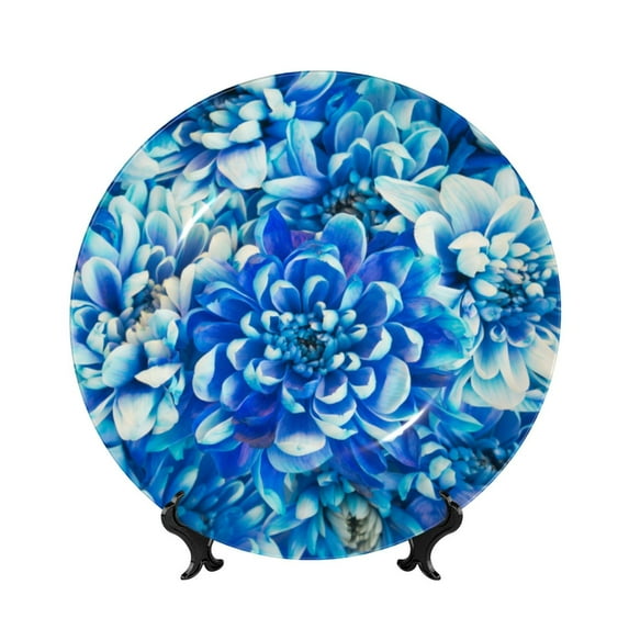 Daiia Vibrant Blue Floral Printed Pattern Ceramic Plate Dinner Plates Bone China Decorative Plates with Display Stand Art Ceramic Ornaments for Wall Hanging Decoration-7in