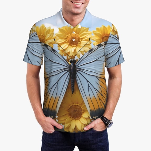 Daiia Vibrant Butterfly And Sunflowers Pattern Men’s Polo Shirts,Solid Deck Shirt,Classic Fit, Breathable Cotton Polo for Casual and Sport Wear-XX-Large