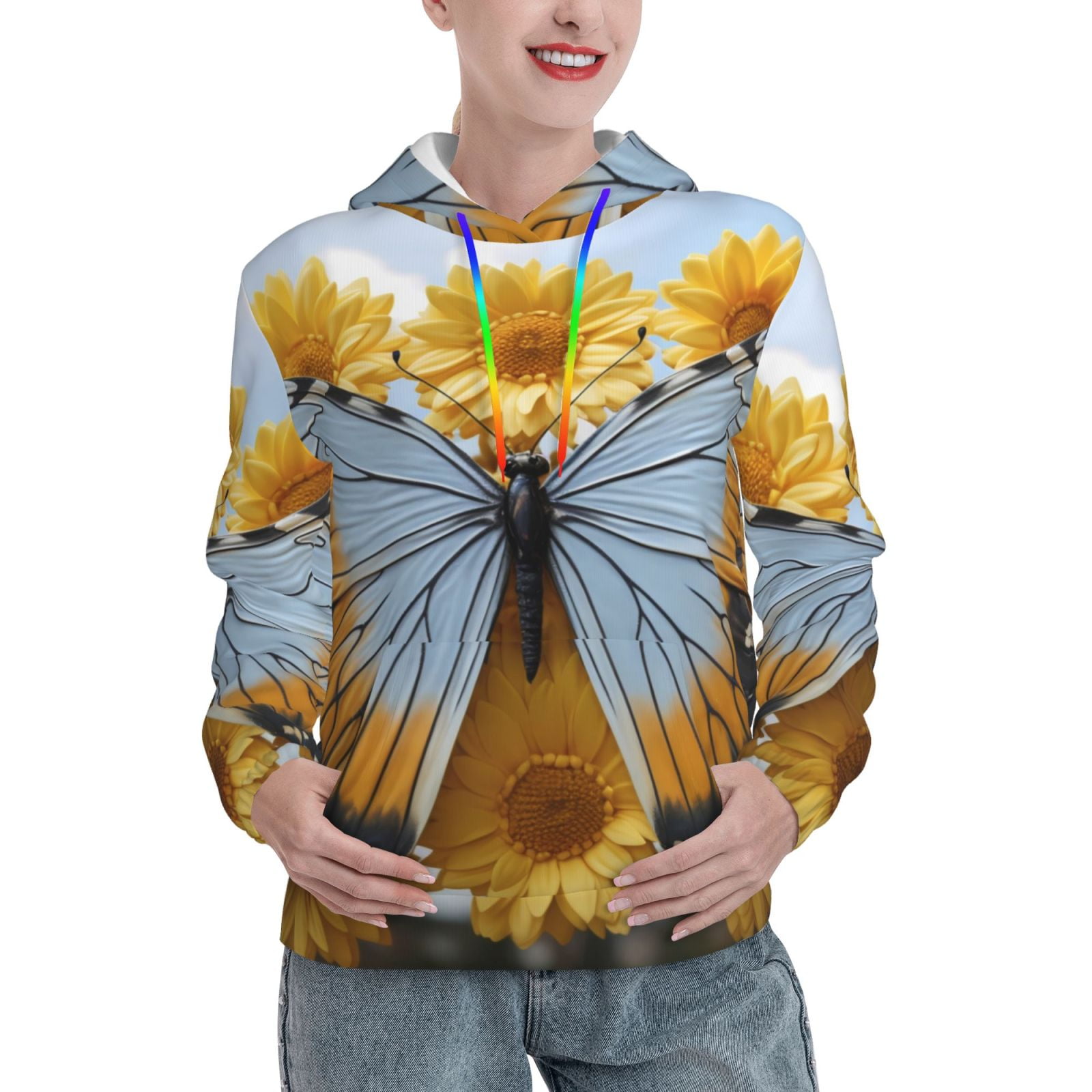 Yellow Butterfly Pattern Print Women's Zip Up Hoodie