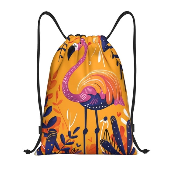 Daiia Vibrant Flamingo Illustration Pattern Drawstring Backpack, Gym Bag, Lightweight Backpack, Water-Resistant Bag Travel Sports Backpack, Fitness Bag, Yoga Bag-Small
