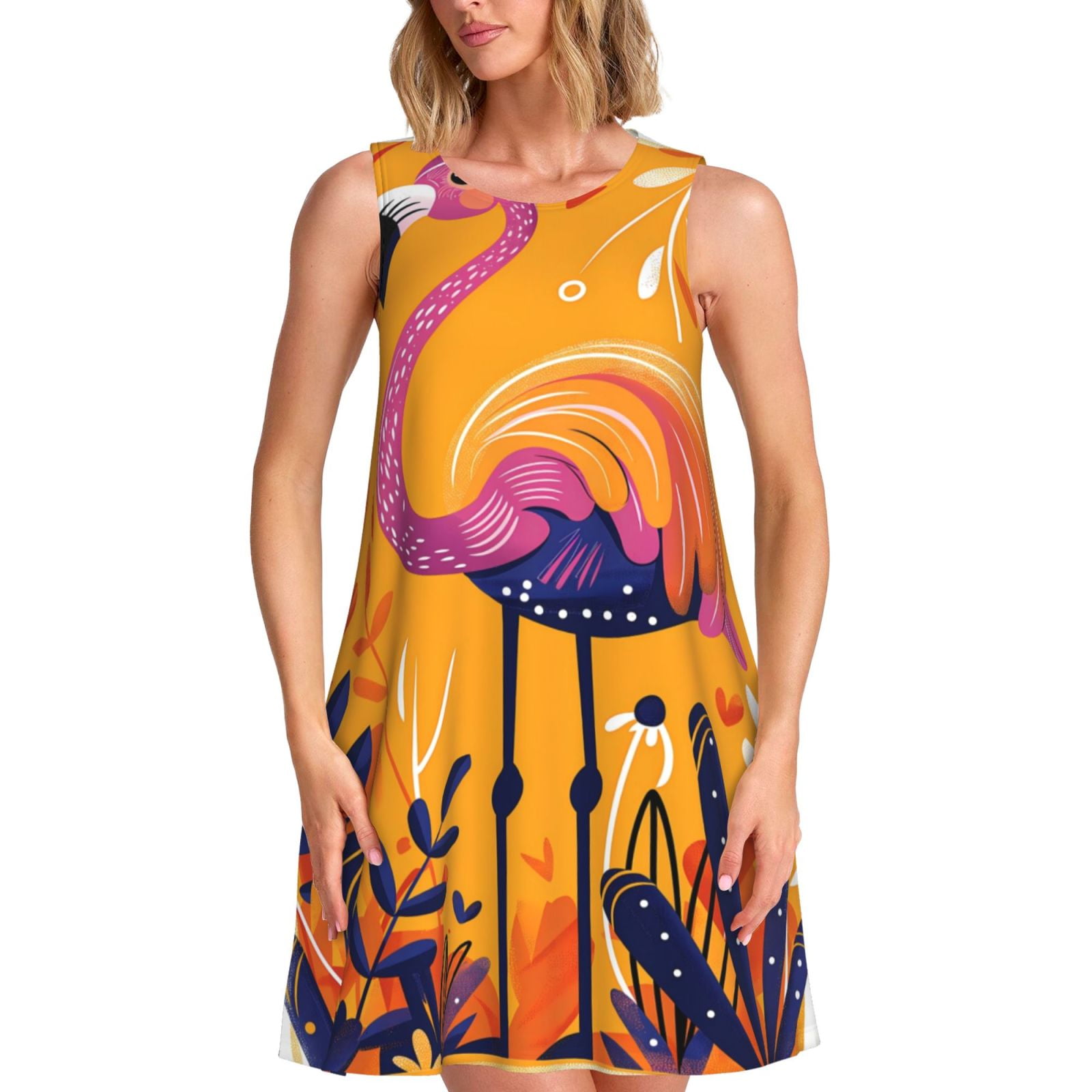 Women's Contrast Art Flamingo Print Short Sleeve V-Neck Midi Dress main image 1