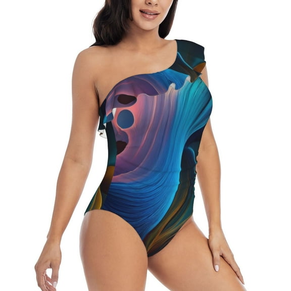 Daiia Vibrant Fluid Motion Art Women's One Piece Swimsuits Personalized One Shoulder Swimwear Asymmetric Ruffle Bathing Suits-Large