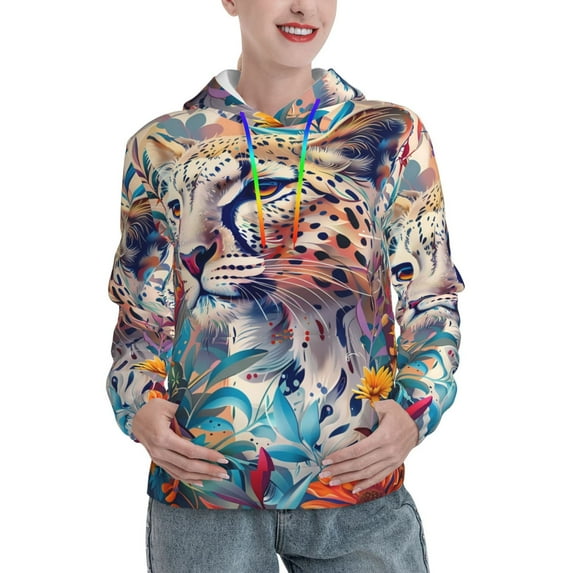 Daiia Vibrant Leopard In Flowers Pattern Women's Fashion Hoodies & Sweatshirts with Kangaroo Pocket Hooded Sweatshirt with Eye-catching Drawstrings-Medium