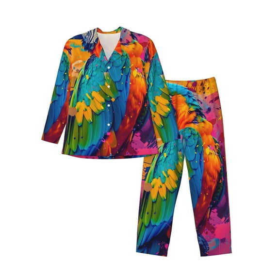 Daiia Vibrant Parrot Splash Art for Men's Long-Sleeved Pajama Set – Soft & Comfortable Sleepwear Button-Up Pajamas Cozy Lounge Wear-Small