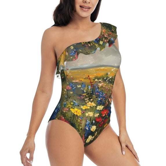 Daiia Vibrant Wildflower Meadow Women's One Piece Swimsuits Personalized One Shoulder Swimwear Asymmetric Ruffle Bathing Suits-Medium