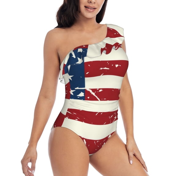 Daiia Vintage American Flag Women's One Piece Swimsuits Personalized One Shoulder Swimwear Asymmetric Ruffle Bathing Suits-Small