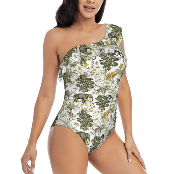 Daiia Vintage Animals Palm Tree Women's One Piece Swimsuits Personalized One Shoulder Swimwear Asymmetric Ruffle Bathing Suits-XX-Large
