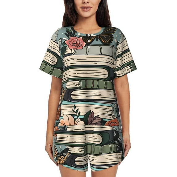 Daiia Vintage Art Butterfly Flower Pattern Womens Pajama Sets Short Sleeve Pajamas for Women Sets Soft Lounge Sets Casual Round Neck Sleepwear PJS-X-Large