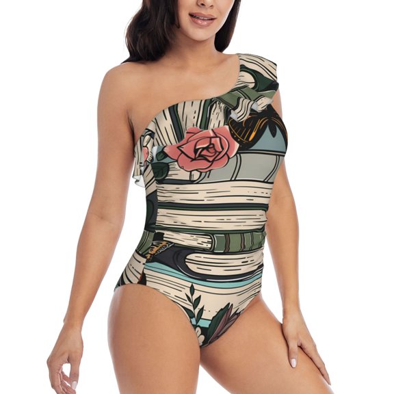 Daiia Vintage Art Butterfly Flower Women's One Piece Swimsuits Personalized One Shoulder Swimwear Asymmetric Ruffle Bathing Suits-Small