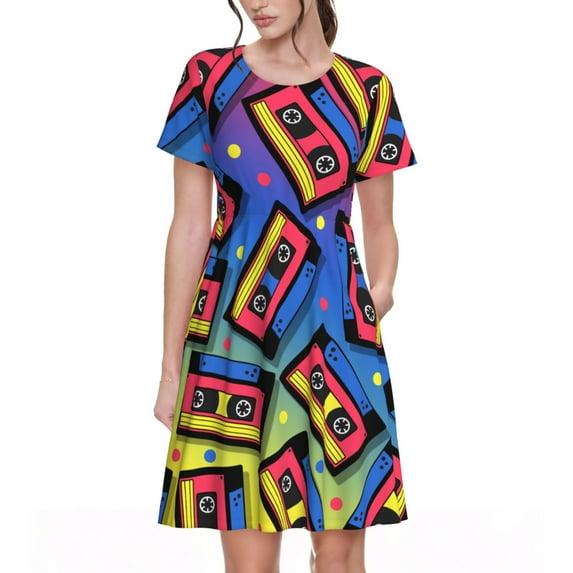 Daiia Vintage Audio Cassettes Print Women's Dresses 2025 Trendy Short sleeve Dresses Casual Baggy Flowy Maxi Sun Dresses