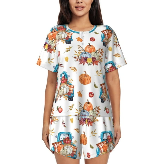 Daiia Vintage Autumn Truck Pattern Womens Pajama Sets Short Sleeve Pajamas for Women Sets Soft Lounge Sets Casual Round Neck Sleepwear PJS-X-Large