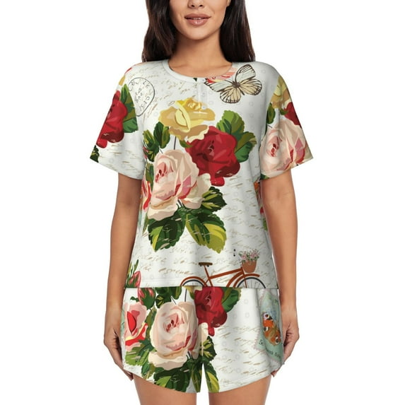 Daiia Vintage Bike Flower Butterfly Pattern Womens Pajama Sets Short Sleeve Pajamas for Women Sets Soft Lounge Sets Casual Round Neck Sleepwear PJS-Medium