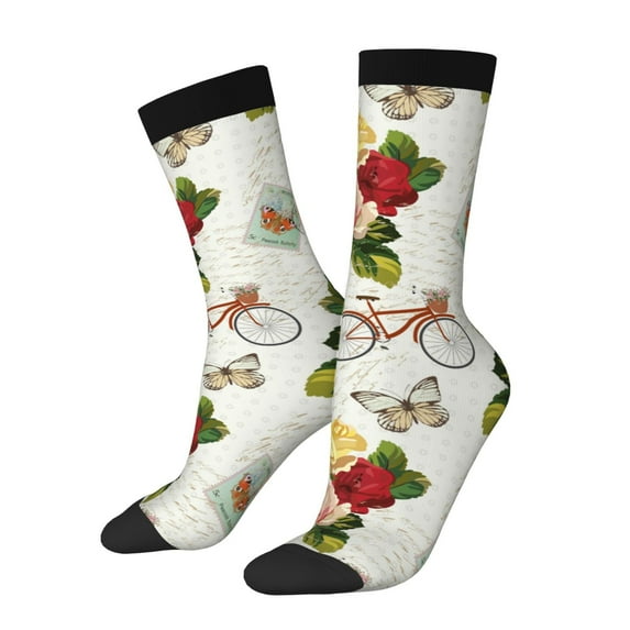 Daiia Vintage Bike Flower Butterfly Print Crew Socks – Soft Breathable Long Socks for Men & Women, Moisture-Wicking & Comfortable Daily Wear Socks, One-Size Fits Most (US 5-11)