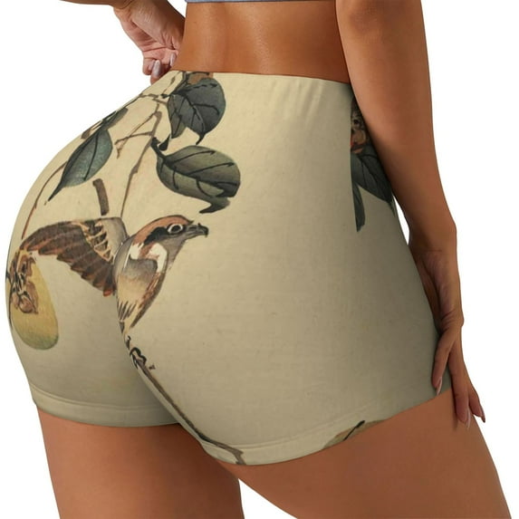Daiia Vintage Bird Pattern Women's Workout Shorts Biker Shorts - High Waisted Workout Spandex Tummy Control Gym Running Yoga Shorts-Small