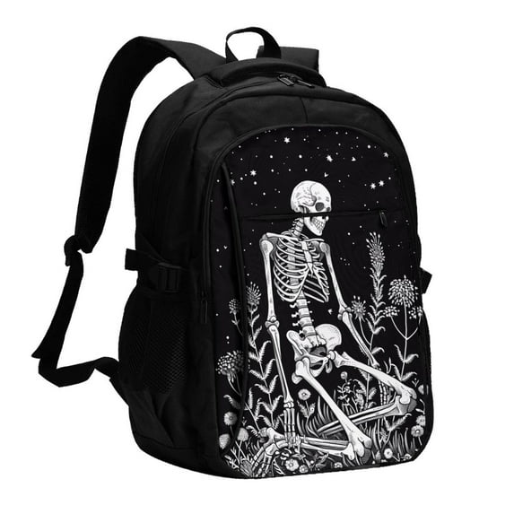 Daiia Vintage Black white Plant skull Pattern USB Charging Backpack for Men and Women, Anti-Theft Backpack,Travel Backpack,School Backpack,College Backpack,Laptop Backpack