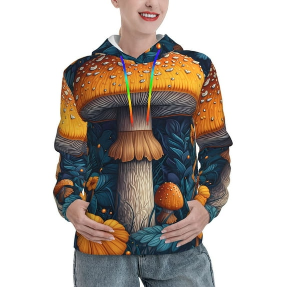 Daiia Vintage Blue Leaf Mushroom Pattern Women's Fashion Hoodies & Sweatshirts with Kangaroo Pocket Hooded Sweatshirt with Eye-catching Drawstrings-Small