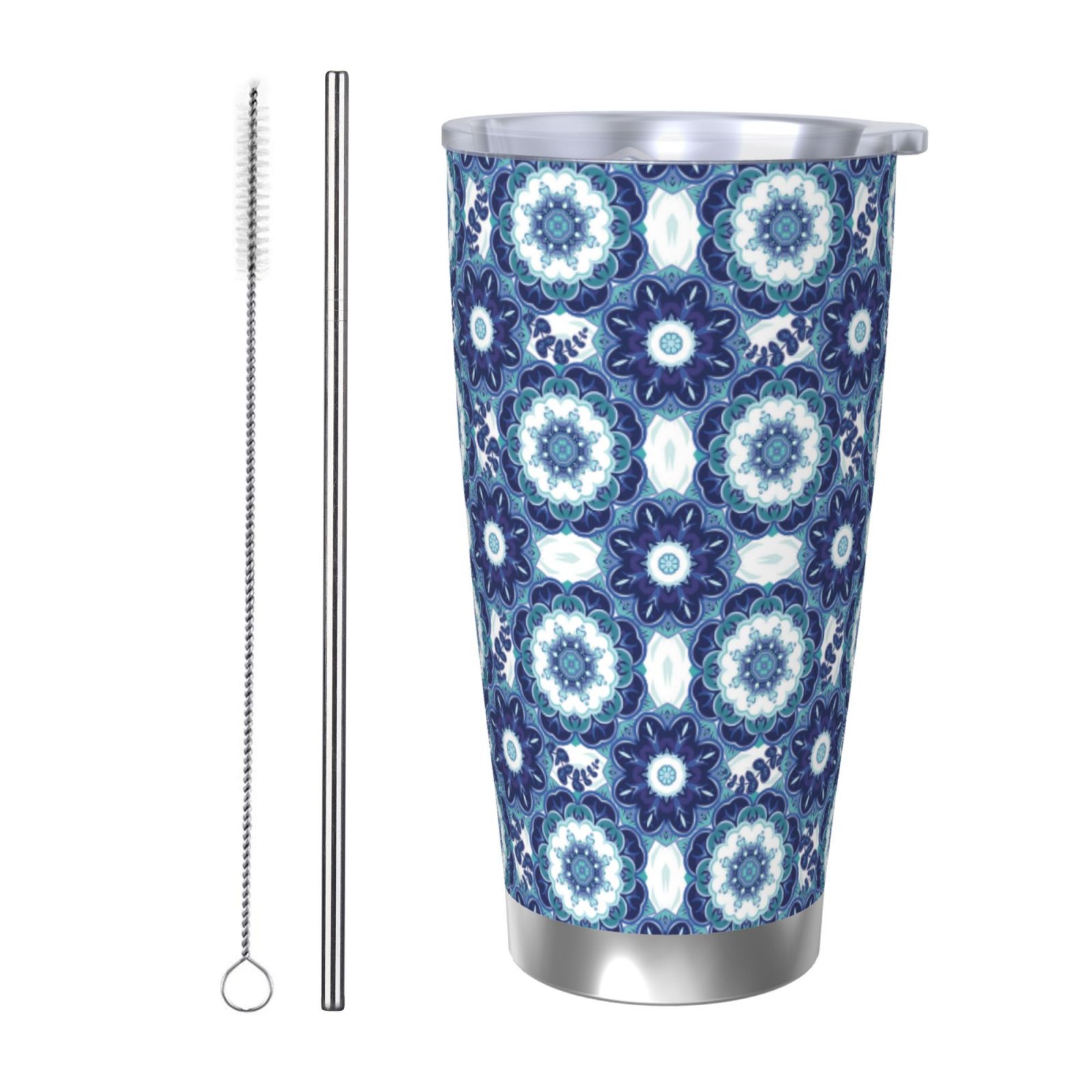 Daiia Vintage Blue Printed 20oz Insulated Coffee Cup with Straw Topper ...
