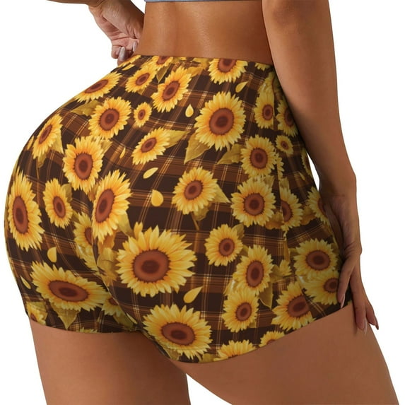 Daiia Vintage Brown Plaid Sunflower Pattern Women's Workout Shorts Biker Shorts - High Waisted Workout Spandex Tummy Control Gym Running Yoga Shorts-Medium