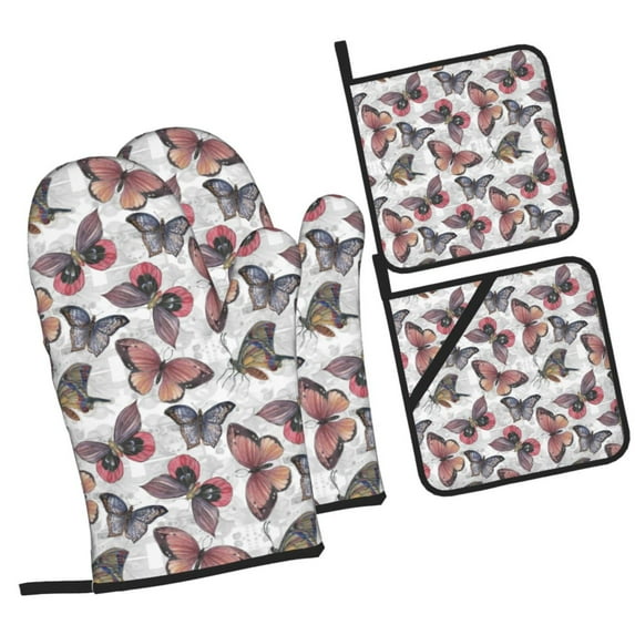 Daiia Vintage Butterflies Pattern Oven Mitts and Pot Holders 4 pcs Set,High Heat Resistant 500 Degree Extra Thicken Long Kitchen Cotton Oven Glove