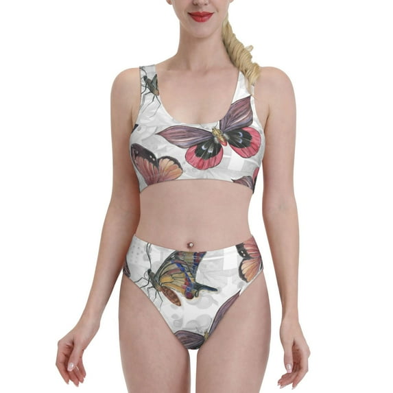 Daiia Vintage Butterflies printed 2 piece Swimsuit Bikinis for Women High Waisted Racerback Bathing Suits Summer Tummy Control Scoop Neck Swimwear-Small