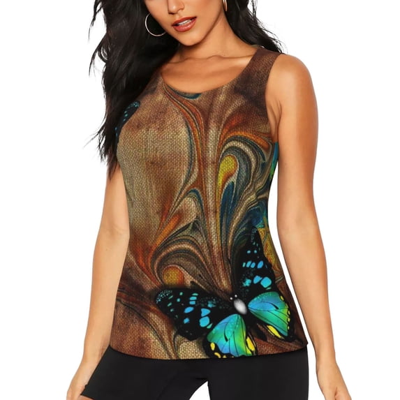 Daiia Vintage Butterfly Green Printed Womens Workout Tops for Women Quick-dry Tank Tops Mesh Yoga Shirts Athletic Running Tank Tops Sleeveless Gym Clothes-Large