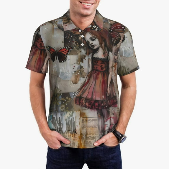 Daiia Vintage Collage Girl Butterfly Pattern Men’s Polo Shirts,Solid Deck Shirt,Classic Fit, Breathable Cotton Polo for Casual and Sport Wear-4X-Large