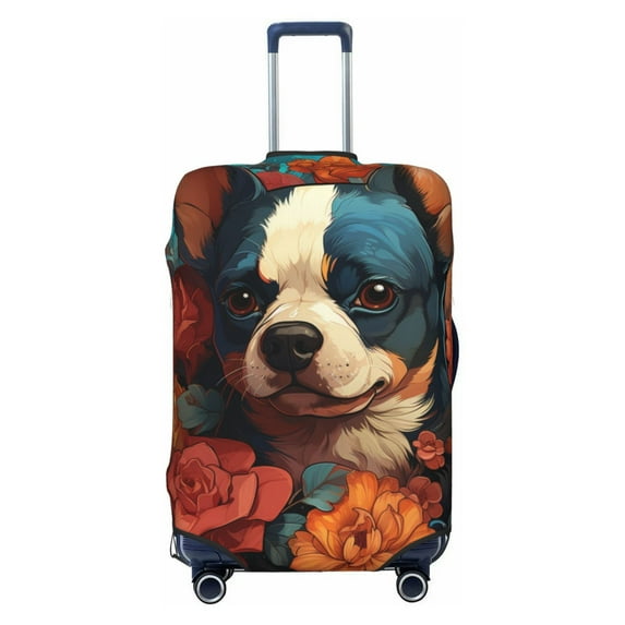 Daiia Vintage Colorful Flower French Bulldog Luggage Cover, Thickened Washable Travel Luggage Covers, Elastic Unique Baggage Covers for 18-20 inch Luggage-Large
