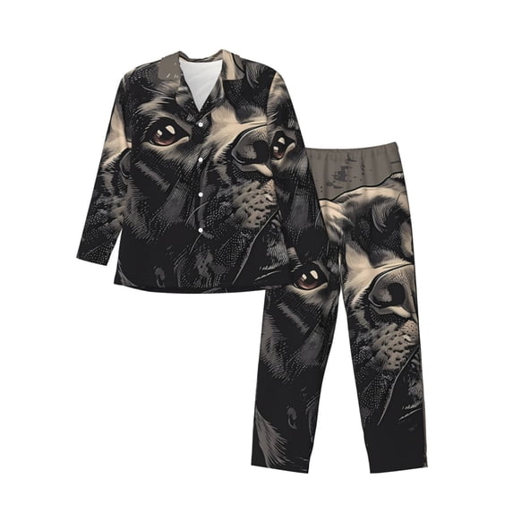 Daiia Vintage Dog Illustration for Men's Long-Sleeved Pajama Set – Soft & Comfortable Sleepwear Button-Up Pajamas Cozy Lounge Wear-X-Large