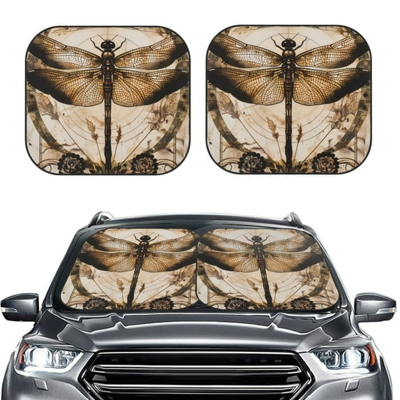 Daiia Vintage Dragonfly Artwork 2PCS Car Windshield Sun Shade, Foldable Sun Shield for Car Front Window, Auto Sun Blocker Visor Protector Universal for Truck SUV Pickup-Small