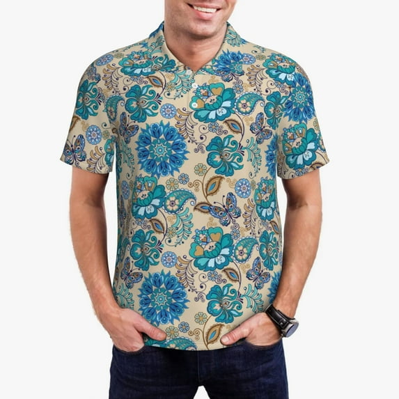 Daiia Vintage Floral Butterflies Pattern Men’s Polo Shirts,Solid Deck Shirt,Classic Fit, Breathable Cotton Polo for Casual and Sport Wear-4X-Large