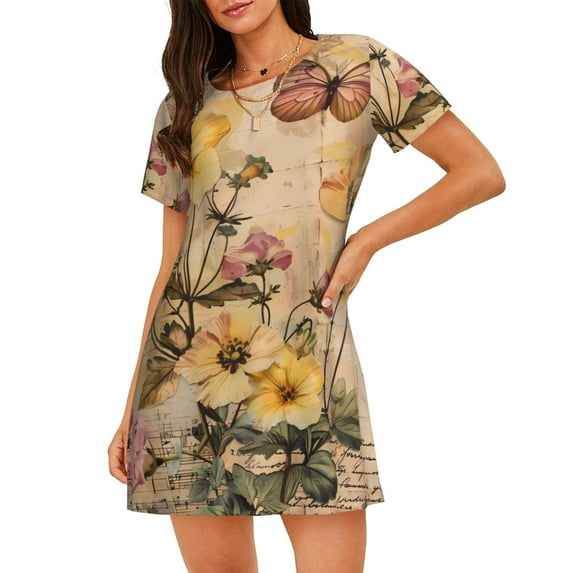Daiia Vintage Floral Butterfly Collage Print Women's Nightshirt Soft Nightgowns for Women Short Sleeve dress Short-sleeved Sleepwear