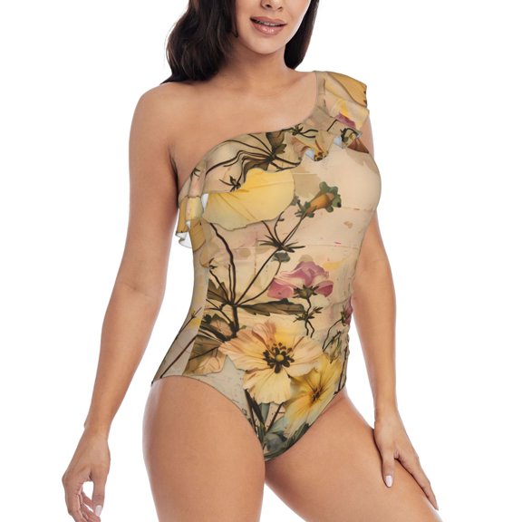 Daiia Vintage Floral Butterfly Collage Women's One Piece Swimsuits Personalized One Shoulder Swimwear Asymmetric Ruffle Bathing Suits-XX-Large