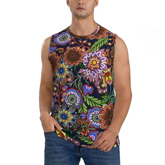 Daiia Vintage Floral Printed Men's Tank Tops,Casual Soft Sleeveless Gym Muscle Shirts Bodybuilding Tee-Large