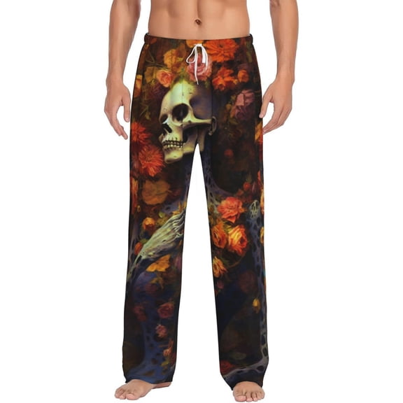 Daiia Vintage Floral Skull Men's Sleep Pant with Pockets and Drawstring,Pajama Pants-X-Large