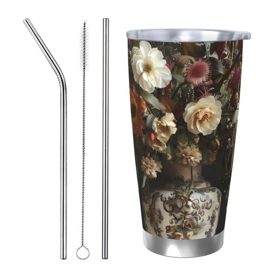 Daiia Vintage Floral Vase A Printed 20oz Insulated Coffee Cup with Straw Topper, Fully Spill Proof Travel Coffee Mug, Stainless Steel Tumbler for Work Home Outdoor Car-Straw Three-piece Set