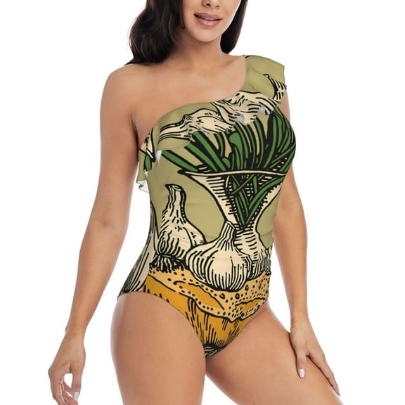 Daiia Vintage Garlic Bread Illustration Women's One Piece Swimsuits Personalized One Shoulder Swimwear Asymmetric Ruffle Bathing Suits-X-Large