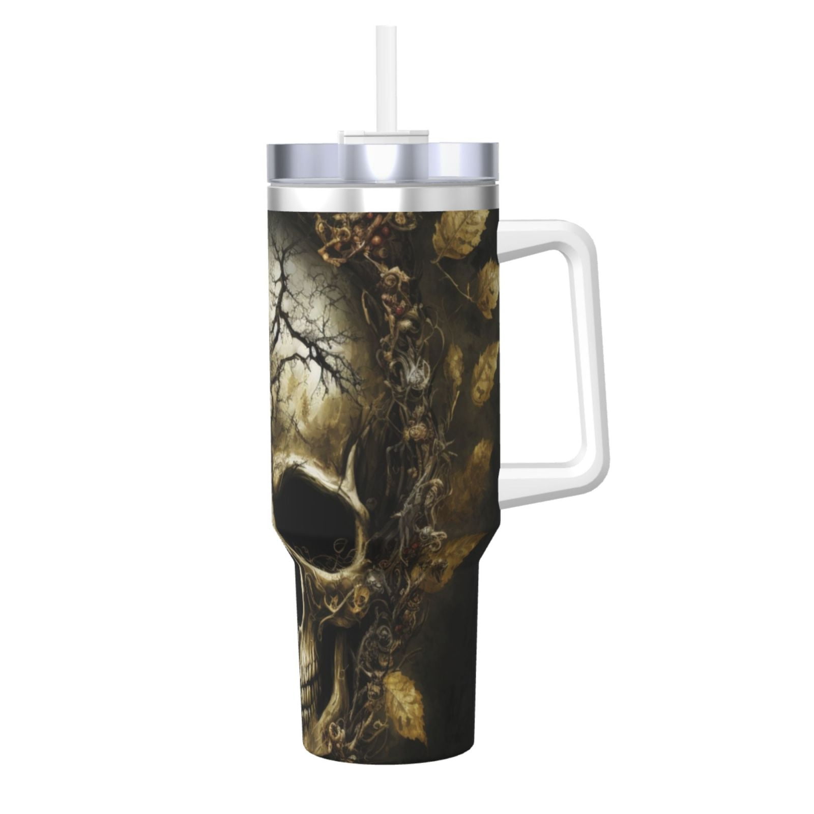 Daiia Vintage Gold Leaf Skull Printed 40 oz Tumbler with Handle,Ice ...