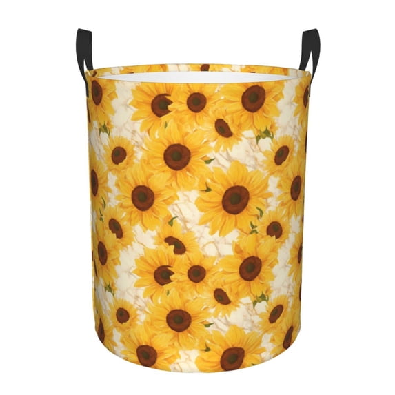 Daiia Vintage Marble Pattern Sunflower Round Laundry Basket with Handles Thickened Waterproof Circular hamper,Dirty Clothes Storage Basket for Bedroom,Bathroom,College Dorm-Medium