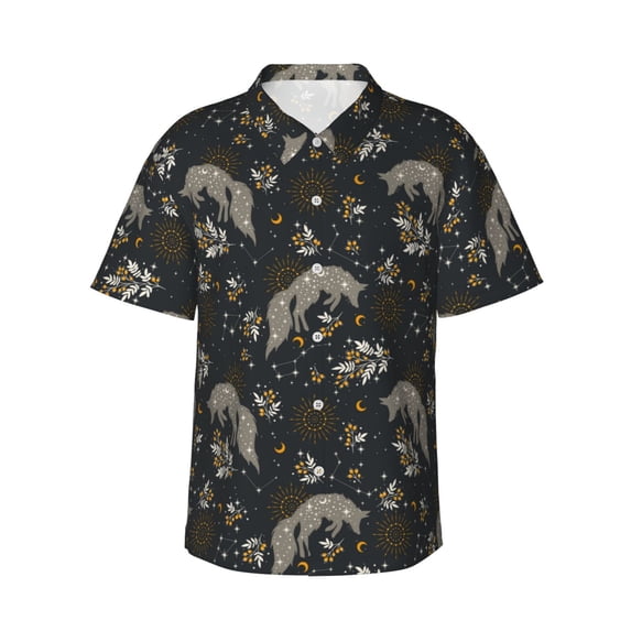Daiia Vintage Moon with Plants and Fox Hawaiian Shirt for Men Gentle Cotton Regular Short Sleeve Casual-Medium