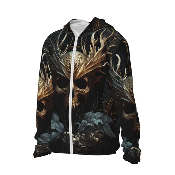 Daiia Vintage Ornate Skull UPF 50+ Sun Protection Hoodie Jacket Lightweight Long Sleeve Sun Shirt for Women Men with Pocket Hiking Outdoor-Medium