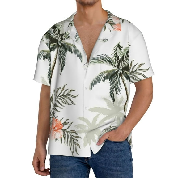 Daiia Vintage Palm Trees Men's Linen Shirts Short Sleeve Casual Shirts Button Down Shirt for Men Beach Summer Wedding Shirt-XX-Large