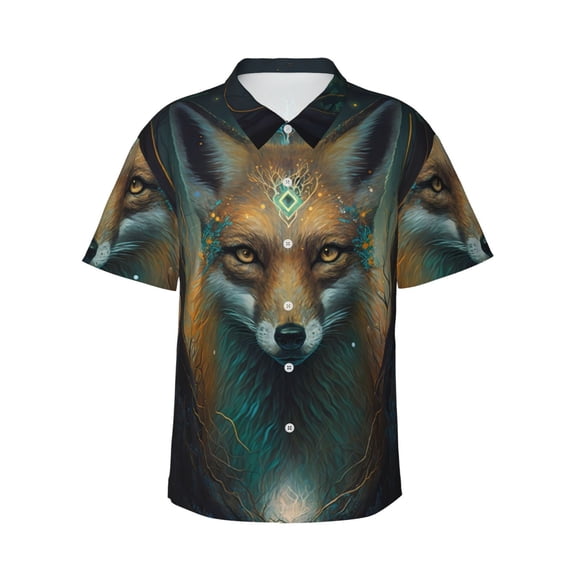 Daiia Vintage Pattern Fox Hawaiian Shirt for Men Gentle Cotton Regular Short Sleeve Casual-