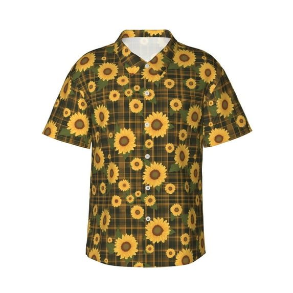 Daiia Vintage Plaid Sunflower Hawaiian Shirt for Men Gentle Cotton Regular Short Sleeve Casual-Large