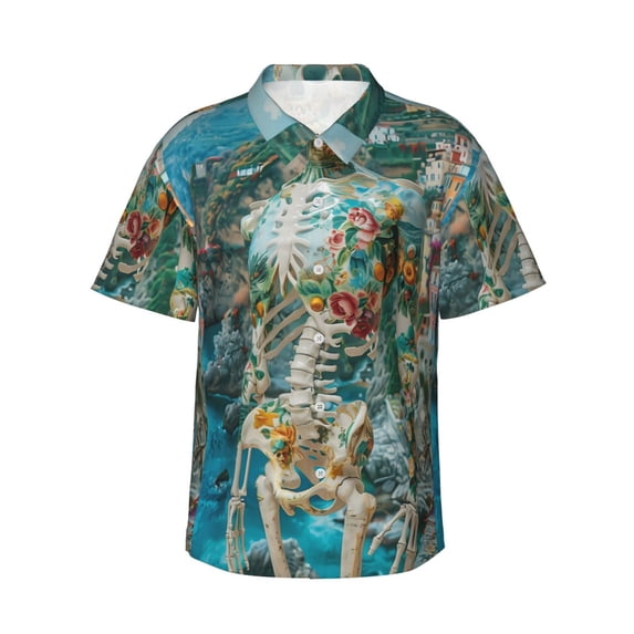 Daiia Vintage Print Island Skull Hawaiian Shirt for Men Gentle Cotton Regular Short Sleeve Casual-Medium