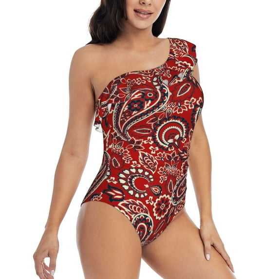 Daiia Vintage Red Paisley Women's One Piece Swimsuits Personalized One Shoulder Swimwear Asymmetric Ruffle Bathing Suits-XX-Large