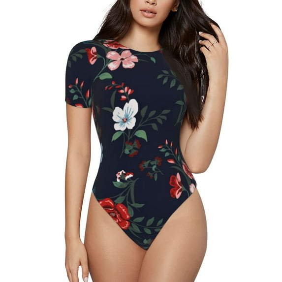 Daiia Vintage Rose print Women's Crew Neck Short Sleeve Bodysuit Fashion Tops Fit Casual Basic Extender Bodysuit-X-Large