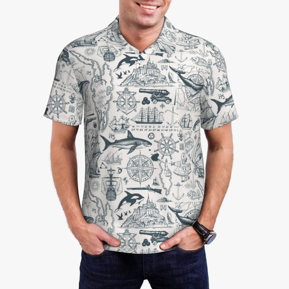 Daiia Vintage Sailboats Pattern Men’s Polo Shirts,Solid Deck Shirt,Classic Fit, Breathable Cotton Polo for Casual and Sport Wear-3X-Large